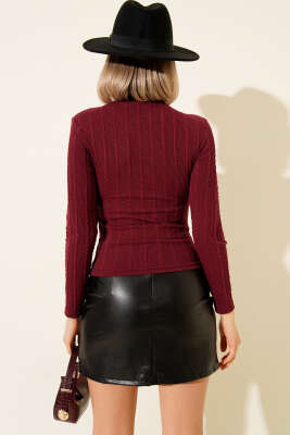 Dik Yaka Büzgü Fitilli Bluz Bordo - Kadın Giyim Modelleri