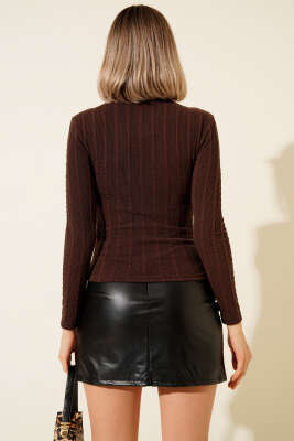 Dik Yaka Büzgü Fitilli Bluz Kahve - Kadın Giyim Modelleri