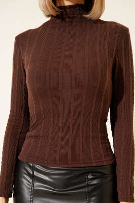 Dik Yaka Büzgü Fitilli Bluz Kahve - Kadın Giyim Modelleri