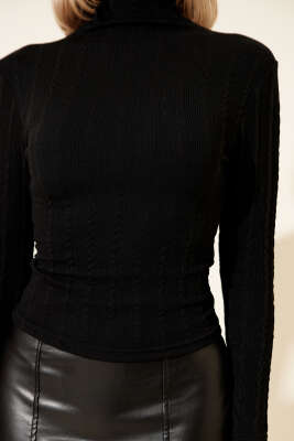 Dik Yaka Büzgü Fitilli Bluz Siyah - Kadın Giyim Modelleri