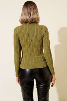 Dik Yaka Büzgü Fitilli Bluz Yeşil - Kadın Giyim Modelleri