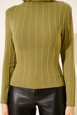 Dik Yaka Büzgü Fitilli Bluz Yeşil - Kadın Giyim Modelleri