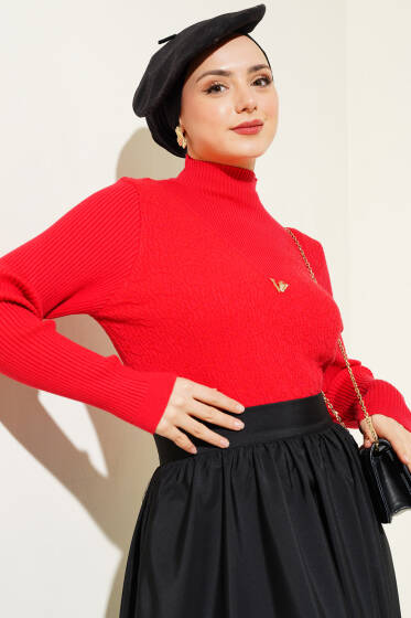 Dik Yaka Büzgülü Triko Kazak Kırmızı - Triko Kazak