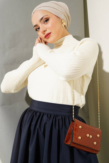 Dik Yaka Büzgülü Triko Kazak Vanilya - Triko Kazak