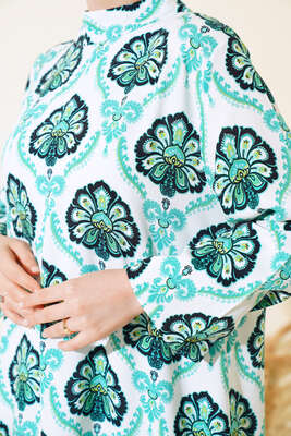Dik Yaka Çiçek Desen Kat Elbise Yeşil - Thumbnail