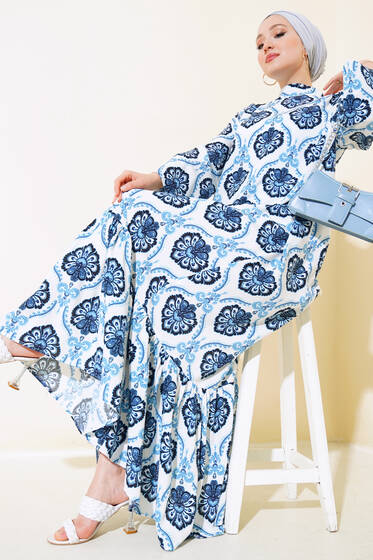 Dik Yaka Çiçek Desen Kat Elbise Mavi - Elbise