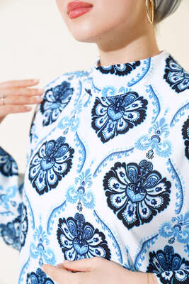Dik Yaka Çiçek Desen Kat Elbise Mavi - Thumbnail