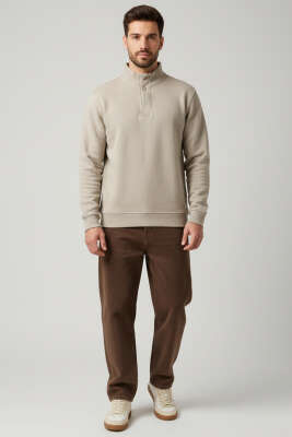 Dik Yaka Çıtçıtlı Erkek Sweatshirt Bej - Erkek Sweatshirt