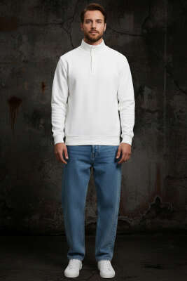 Dik Yaka Çıtçıtlı Erkek Sweatshirt Beyaz - Erkek Sweatshirt