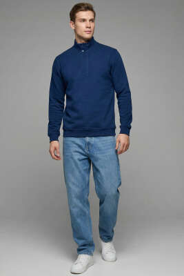 Dik Yaka Çıtçıtlı Erkek Sweatshirt Lacivert - Erkek Sweatshirt