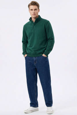 Dik Yaka Çıtçıtlı Erkek Sweatshirt Nefti - Erkek Sweatshirt