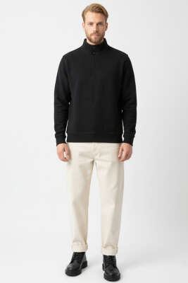 Dik Yaka Çıtçıtlı Erkek Sweatshirt Siyah - Erkek Sweatshirt