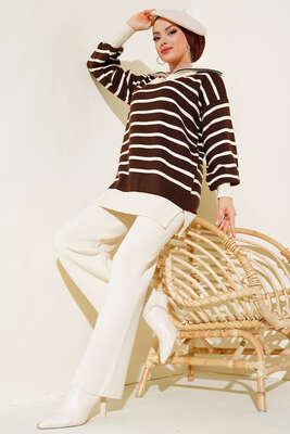 Dik Yaka Çizgili Triko İkili Takım Bej Kahve 