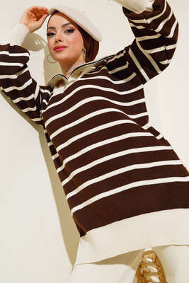 Dik Yaka Çizgili Triko İkili Takım Bej Kahve - İKİLİ TAKIM