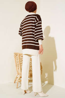 Dik Yaka Çizgili Triko İkili Takım Bej Kahve - İKİLİ TAKIM