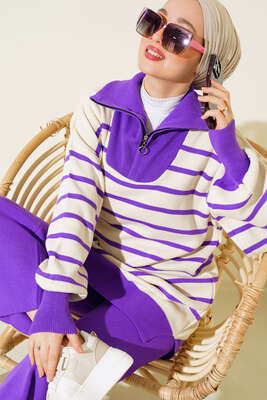 Dik Yaka Çizgili Triko İkili Takım Mor - SUDE NAZ