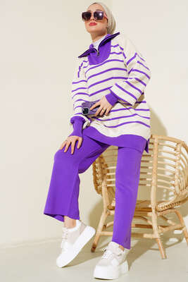 Dik Yaka Çizgili Triko İkili Takım Mor - Triko İkili Takım