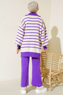 Dik Yaka Çizgili Triko İkili Takım Mor - Triko İkili Takım