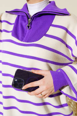 Dik Yaka Çizgili Triko İkili Takım Mor - Triko İkili Takım