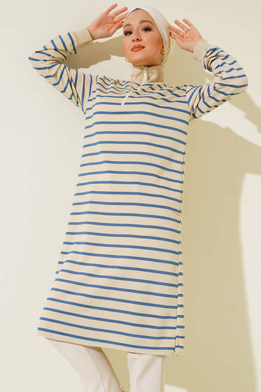 Dik Yaka Çizgili Tunik İndigo - Tunik