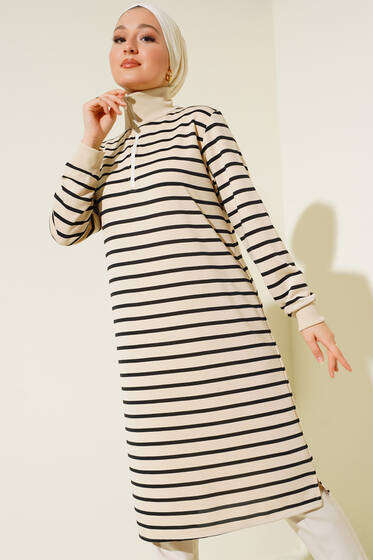 Dik Yaka Çizgili Tunik Siyah - Tunik
