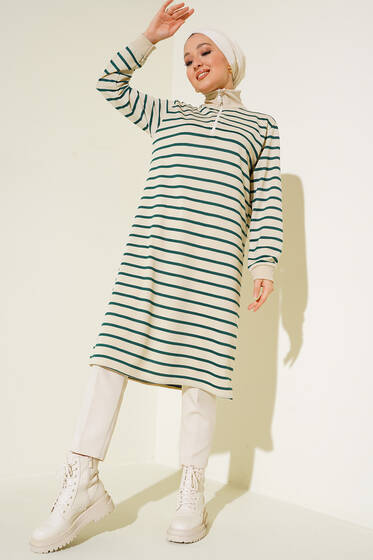 Dik Yaka Çizgili Tunik Zümrüt Yeşil - Tunik