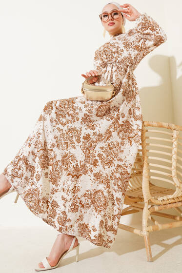 Dik Yaka Desenli Elbise Camel - Elbise