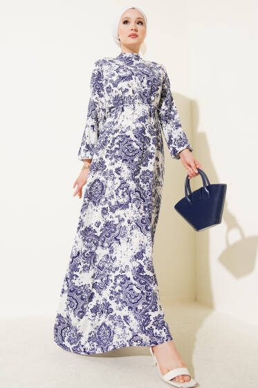 Dik Yaka Desenli Elbise Lacivert - Elbise