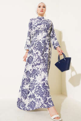 Dik Yaka Desenli Elbise Lacivert 