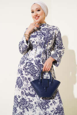 Dik Yaka Desenli Elbise Lacivert - Tesettür Elbise