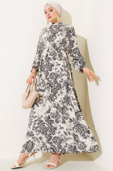 Dik Yaka Desenli Elbise Siyah - Elbise