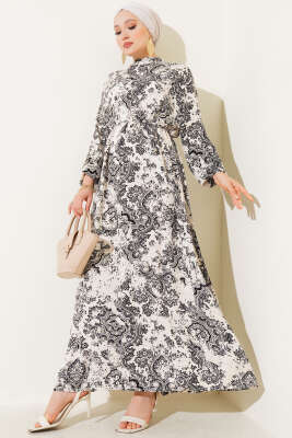 Dik Yaka Desenli Elbise Siyah 