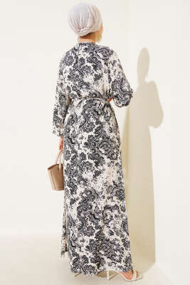 Dik Yaka Desenli Elbise Siyah - Tesettür Elbise