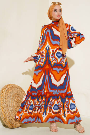 Dik Yaka Desenli Elbise Taba - Elbise