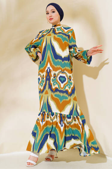 Dik Yaka Desenli Elbise Yeşil - Elbise