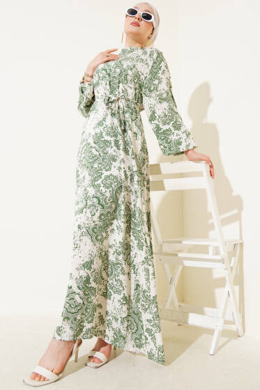 Dik Yaka Desenli Elbise Yeşil - Elbise