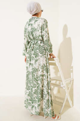 Dik Yaka Desenli Elbise Yeşil - Tesettür Elbise