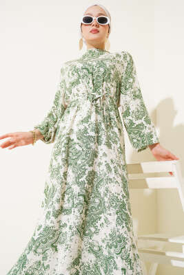 Dik Yaka Desenli Elbise Yeşil - Tesettür Elbise