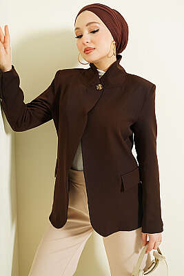 Dik Yaka Düğmeli Blazer Ceket Kahve - BIGDART