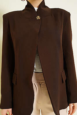 Dik Yaka Düğmeli Blazer Ceket Kahve - Ceket