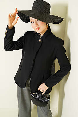 Dik Yaka Düğmeli Blazer Ceket Siyah - BIGDART