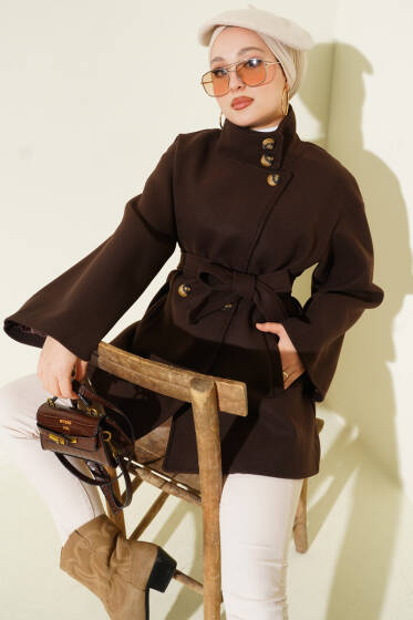 Dik Yaka Düğmeli Kaşe Kaban Acı Kahve - Kaban