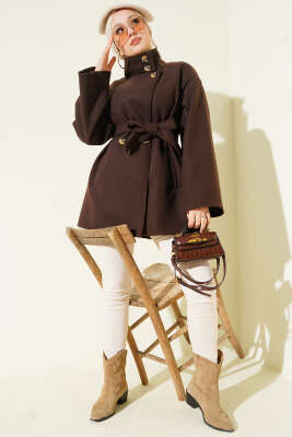 Dik Yaka Düğmeli Kaşe Kaban Acı Kahve - Kaban