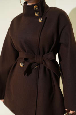 Dik Yaka Düğmeli Kaşe Kaban Acı Kahve - Kaban