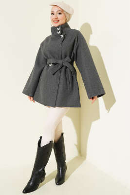 Dik Yaka Düğmeli Kaşe Kaban Füme - VAV TEKSTİL