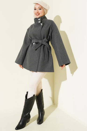 Dik Yaka Düğmeli Kaşe Kaban Füme - Kaban