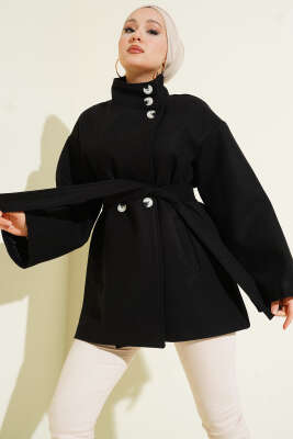 Dik Yaka Düğmeli Kaşe Kaban Siyah - VAV TEKSTİL