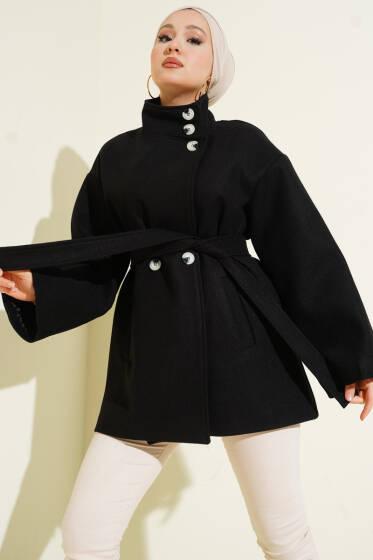 Dik Yaka Düğmeli Kaşe Kaban Siyah - Kaban
