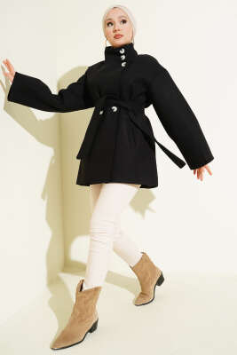 Dik Yaka Düğmeli Kaşe Kaban Siyah - Kaban