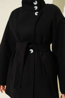 Dik Yaka Düğmeli Kaşe Kaban Siyah - Kaban